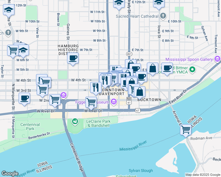 map of restaurants, bars, coffee shops, grocery stores, and more near in Davenport
