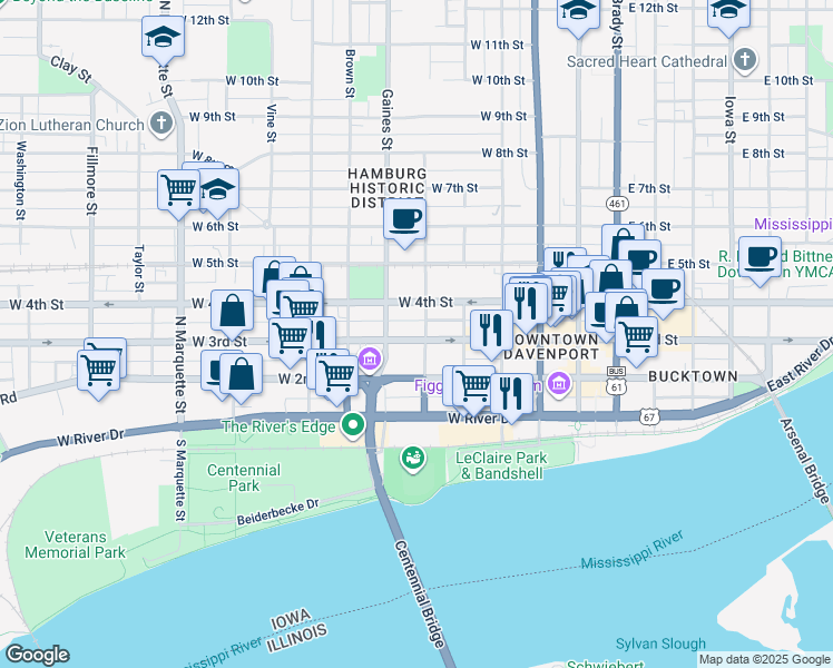 map of restaurants, bars, coffee shops, grocery stores, and more near 318 Western Avenue in Davenport