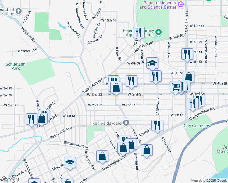 map of restaurants, bars, coffee shops, grocery stores, and more near 2215 West 4th Street in Davenport