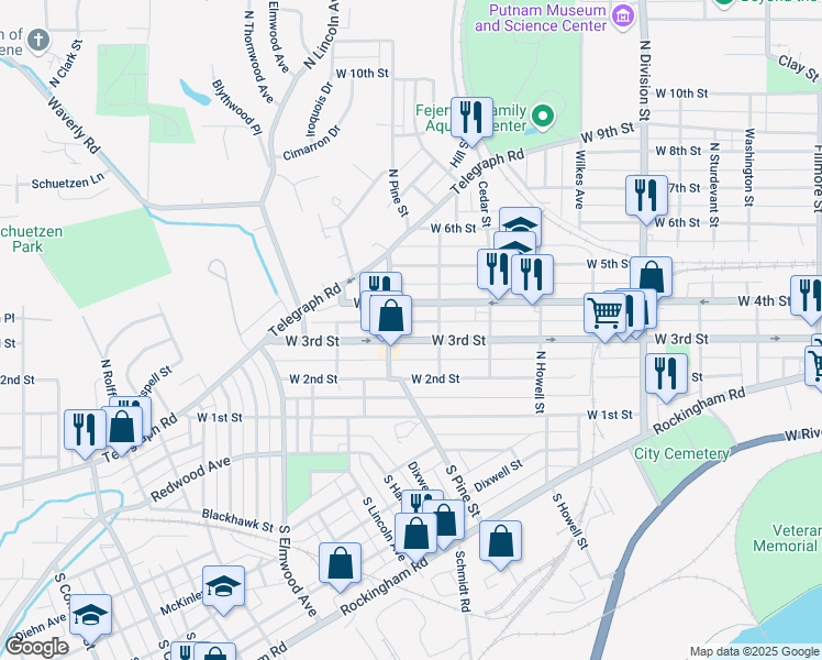map of restaurants, bars, coffee shops, grocery stores, and more near 2128 West 3rd Street in Davenport