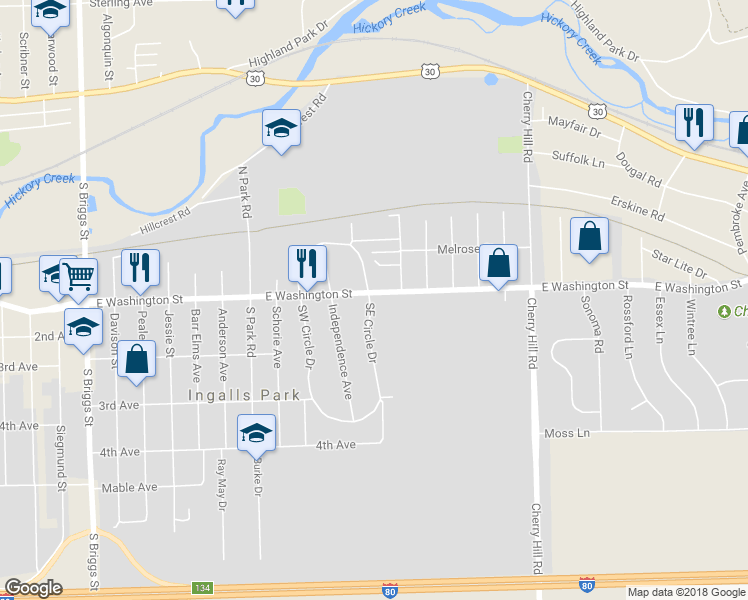 map of restaurants, bars, coffee shops, grocery stores, and more near 2102 East Washington Street in Joliet