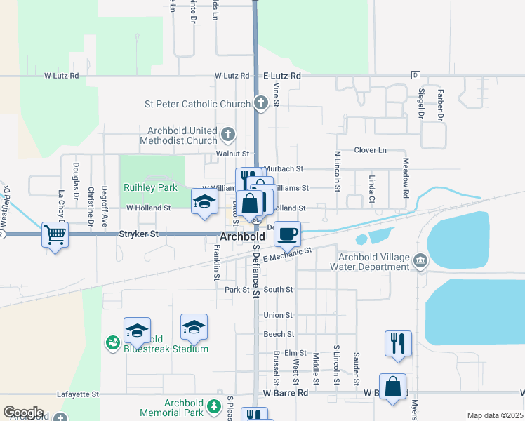 map of restaurants, bars, coffee shops, grocery stores, and more near 300 North Defiance Street in Archbold