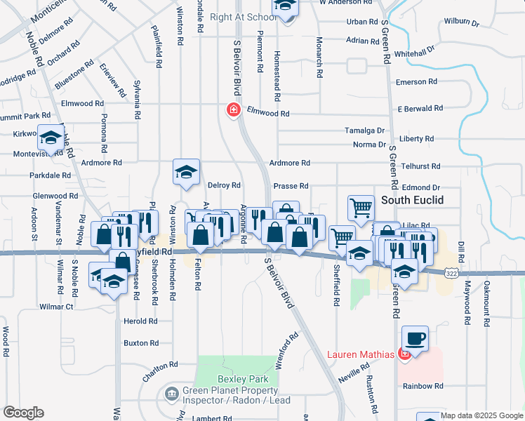 map of restaurants, bars, coffee shops, grocery stores, and more near 1372 South Belvoir Boulevard in South Euclid