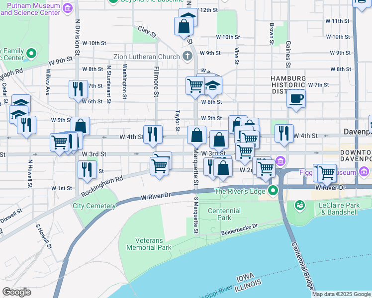 map of restaurants, bars, coffee shops, grocery stores, and more near 1212 West 3rd Street in Davenport