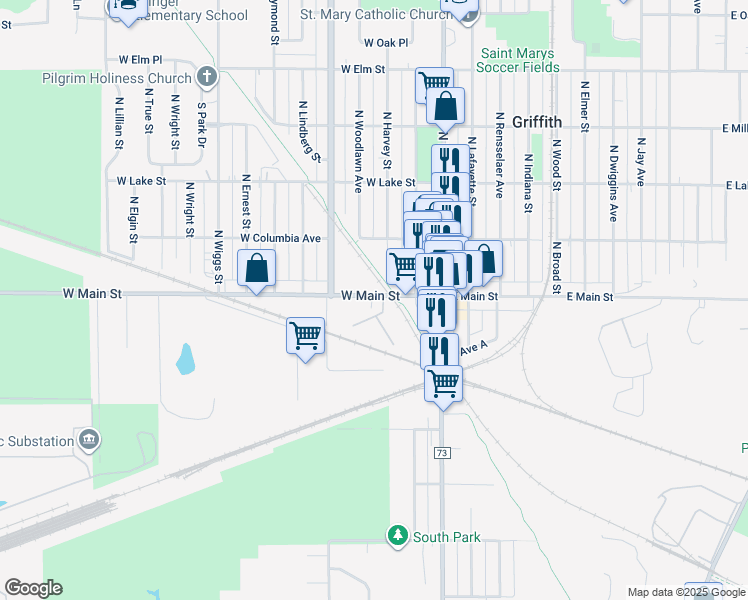 map of restaurants, bars, coffee shops, grocery stores, and more near in Griffith