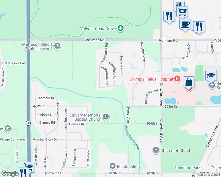 map of restaurants, bars, coffee shops, grocery stores, and more near 160 Moonlight Road in Matteson