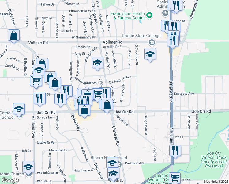 map of restaurants, bars, coffee shops, grocery stores, and more near 443 Mayfair Place South in Chicago Heights