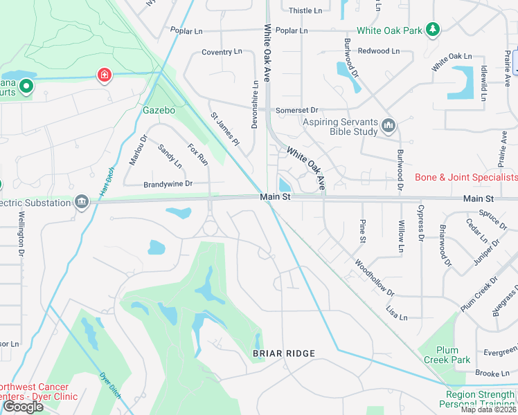 map of restaurants, bars, coffee shops, grocery stores, and more near 1545 Gleneagles Drive in Schererville