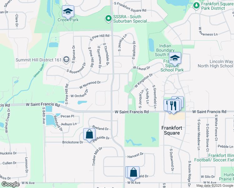 map of restaurants, bars, coffee shops, grocery stores, and more near 20157 South Mary Therese Lane in Frankfort