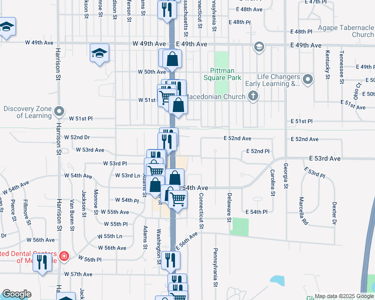 map of restaurants, bars, coffee shops, grocery stores, and more near 102 East 53rd Avenue in Merrillville