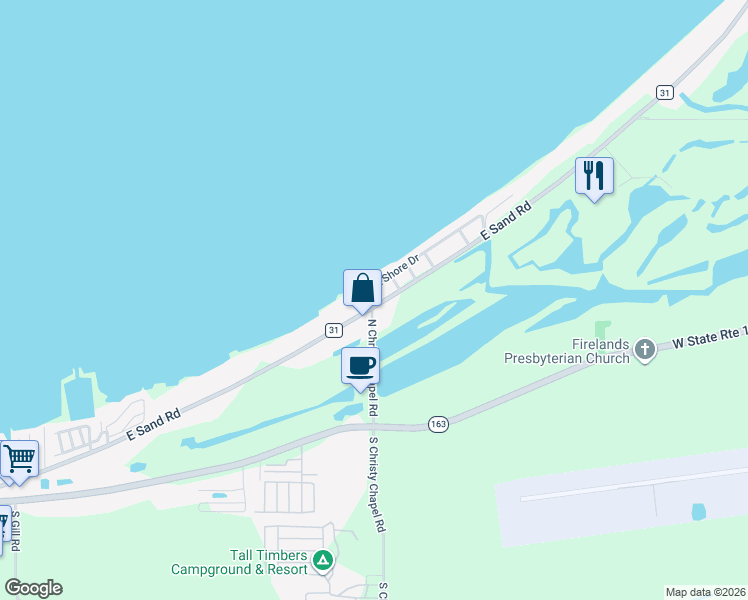 map of restaurants, bars, coffee shops, grocery stores, and more near 3045 East Shore Drive in Port Clinton