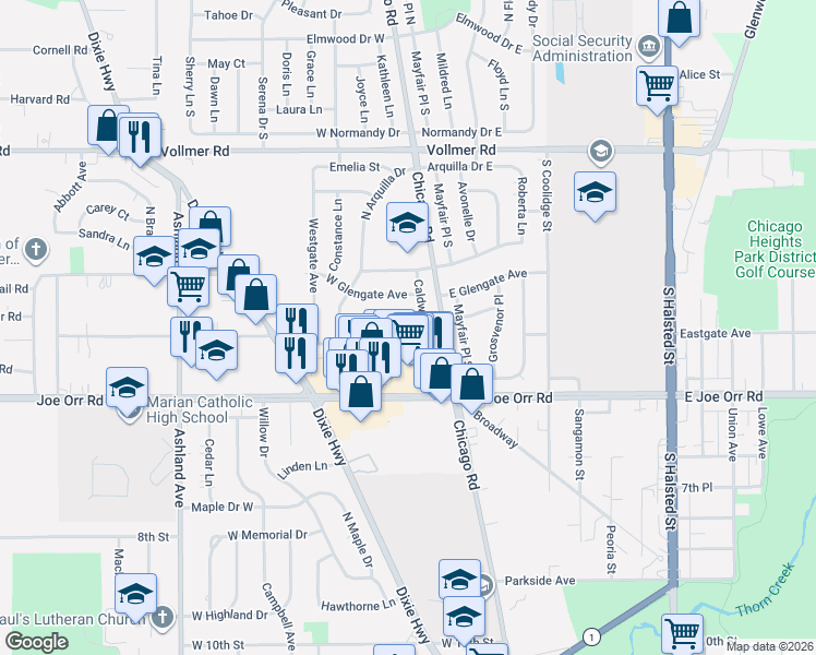 map of restaurants, bars, coffee shops, grocery stores, and more near 123 Kingston Place in Chicago Heights