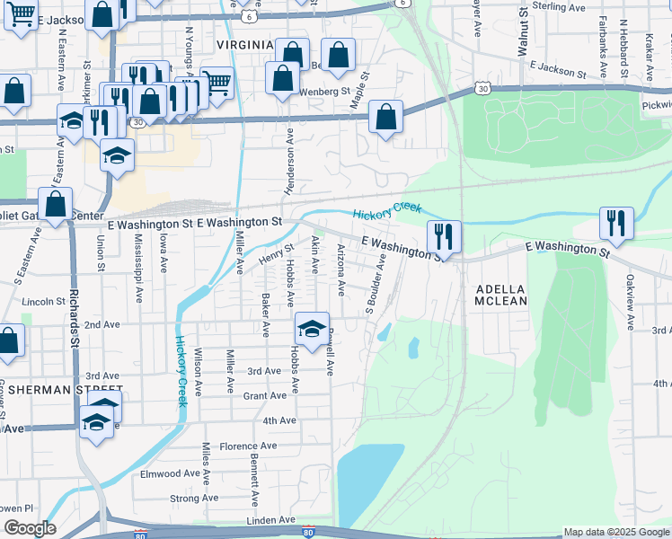 map of restaurants, bars, coffee shops, grocery stores, and more near 119 Arizona Avenue in Joliet