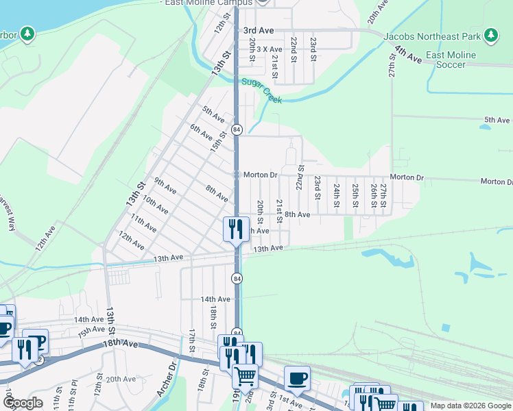 map of restaurants, bars, coffee shops, grocery stores, and more near 747 20th Street in East Moline