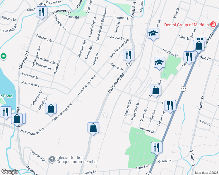 map of restaurants, bars, coffee shops, grocery stores, and more near 639 Old Colony Road in Meriden