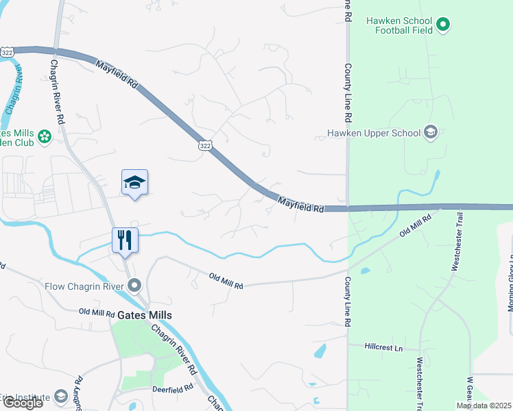 map of restaurants, bars, coffee shops, grocery stores, and more near 7850 Mayfield Road in Gates Mills