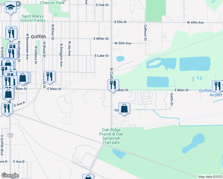map of restaurants, bars, coffee shops, grocery stores, and more near 100 North Colfax Street in Griffith