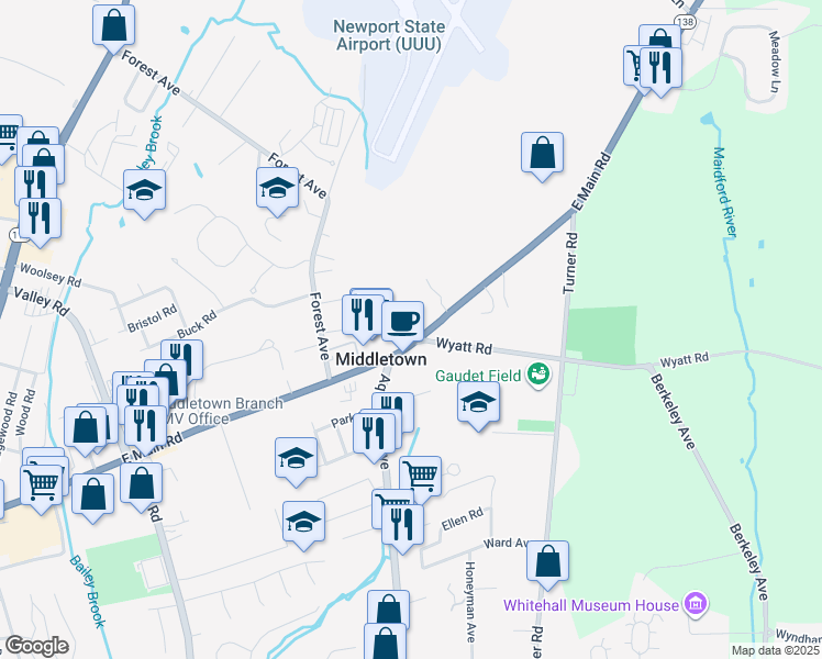 map of restaurants, bars, coffee shops, grocery stores, and more near 550 East Main Road in Middletown