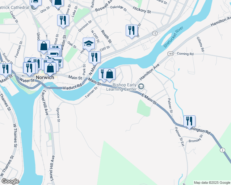 map of restaurants, bars, coffee shops, grocery stores, and more near 463 East Main Street in Norwich