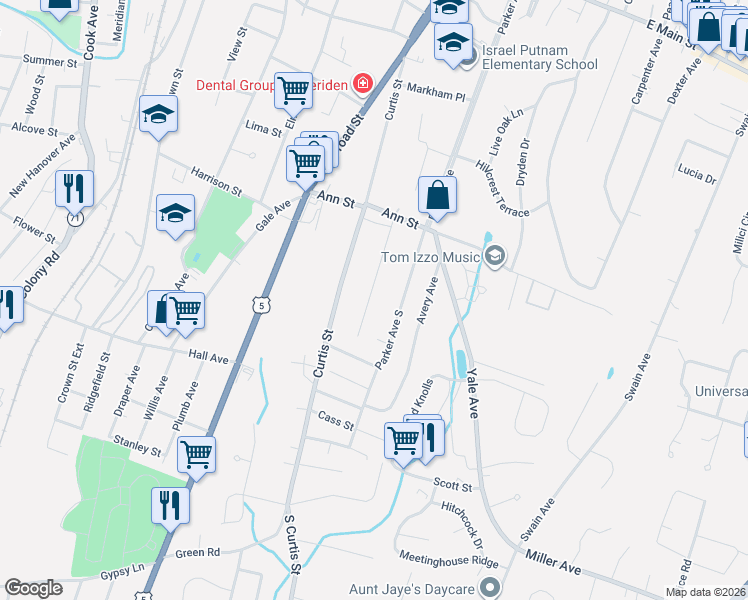 map of restaurants, bars, coffee shops, grocery stores, and more near 93 Wilbur Avenue in Meriden