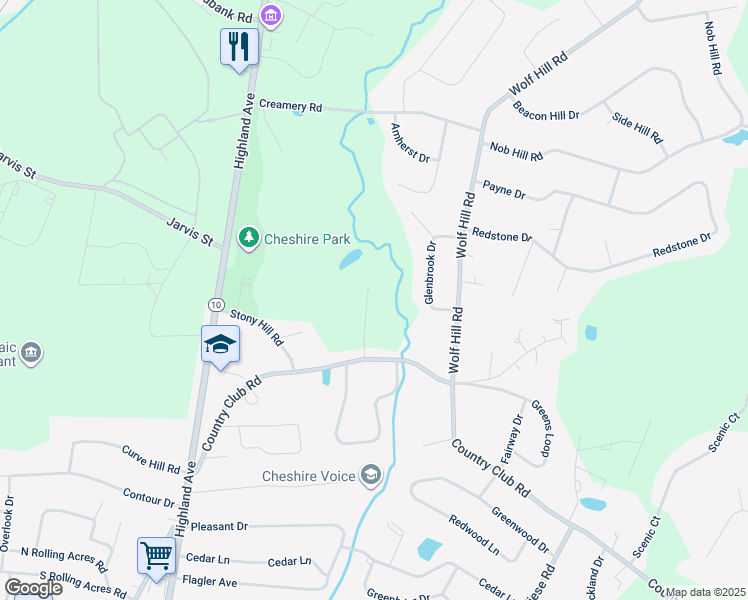 map of restaurants, bars, coffee shops, grocery stores, and more near 122 Country Club Road in Cheshire