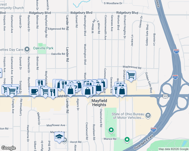 map of restaurants, bars, coffee shops, grocery stores, and more near 1375 West Miner Road in Mayfield Heights