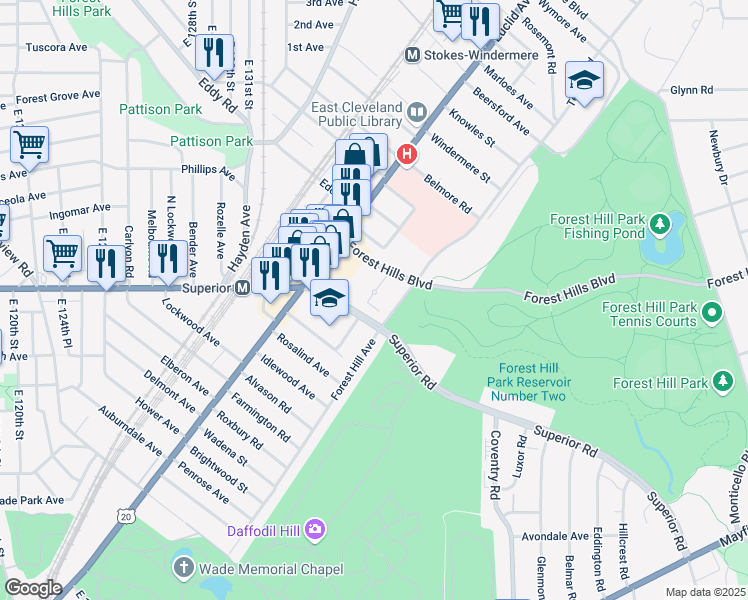 map of restaurants, bars, coffee shops, grocery stores, and more near 1848 Forest Hills Boulevard in East Cleveland