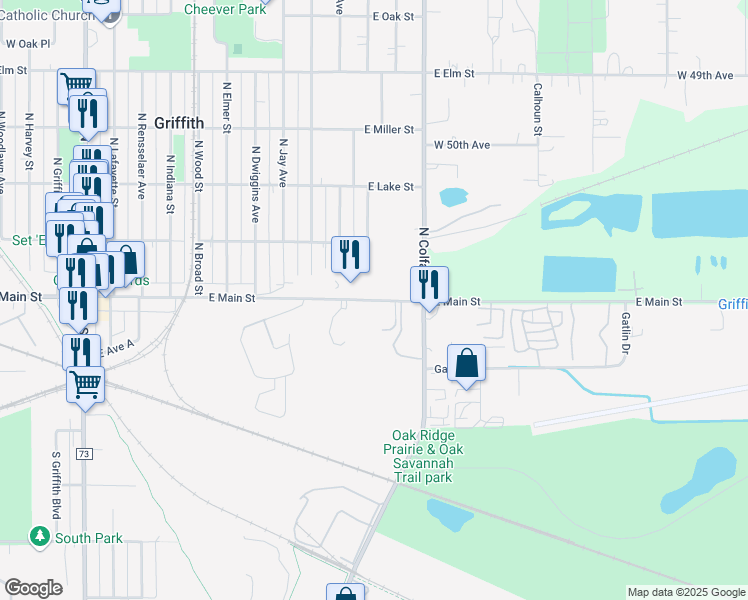 map of restaurants, bars, coffee shops, grocery stores, and more near 133 North Glenwood Street in Griffith