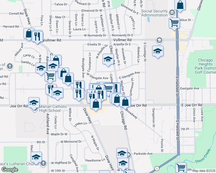 map of restaurants, bars, coffee shops, grocery stores, and more near 123 Kingston Place in Chicago Heights