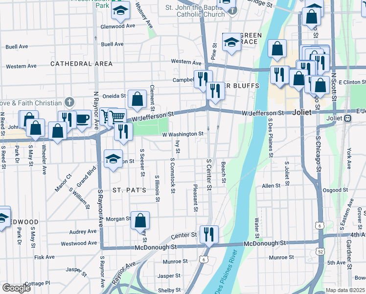 map of restaurants, bars, coffee shops, grocery stores, and more near 12 Ivy Street in Joliet