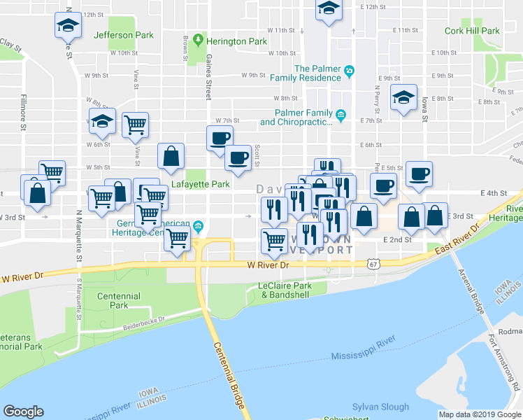 map of restaurants, bars, coffee shops, grocery stores, and more near 318 North Ripley Street in Davenport