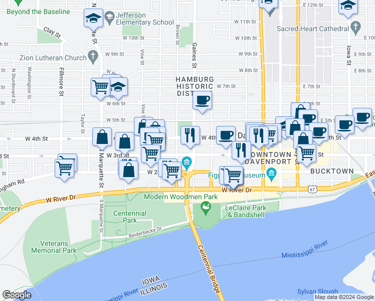 map of restaurants, bars, coffee shops, grocery stores, and more near in Davenport