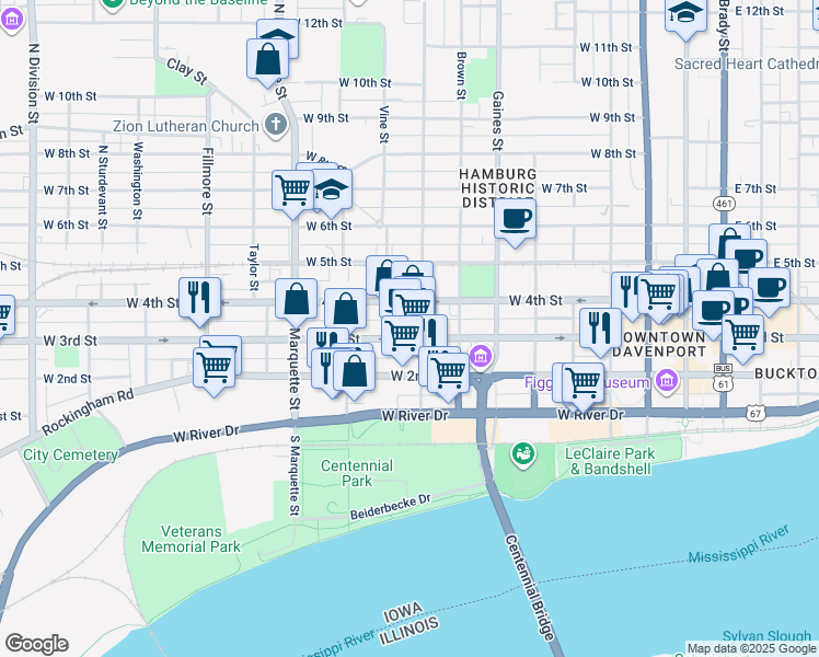 map of restaurants, bars, coffee shops, grocery stores, and more near 909 West 4th Street in Davenport