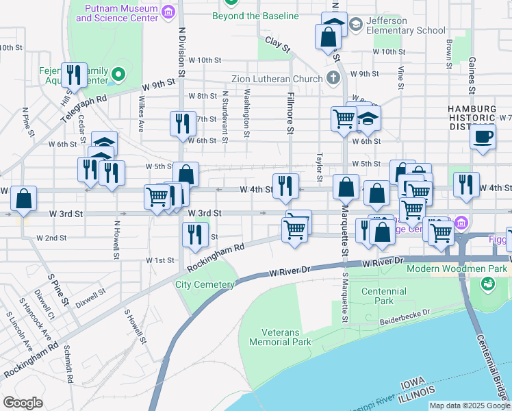 map of restaurants, bars, coffee shops, grocery stores, and more near 322 Washington Street in Davenport