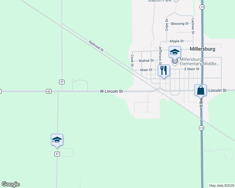 map of restaurants, bars, coffee shops, grocery stores, and more near 12620 County Road 42 in Millersburg