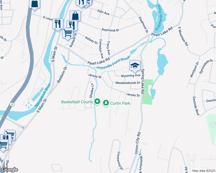 map of restaurants, bars, coffee shops, grocery stores, and more near 156 Jersey Street in Waterbury