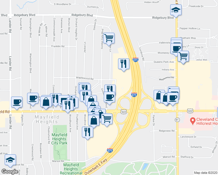 map of restaurants, bars, coffee shops, grocery stores, and more near 1413 Golden Gate Boulevard in Mayfield Heights