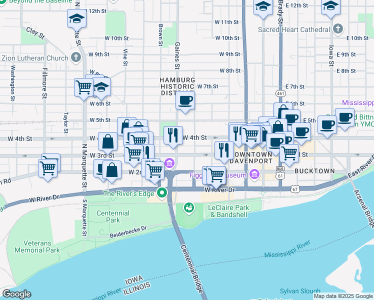 map of restaurants, bars, coffee shops, grocery stores, and more near 318 Western Avenue in Davenport