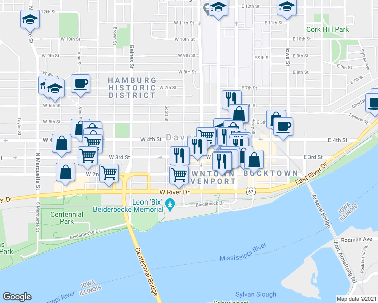 map of restaurants, bars, coffee shops, grocery stores, and more near 326 West 3rd Street in Davenport