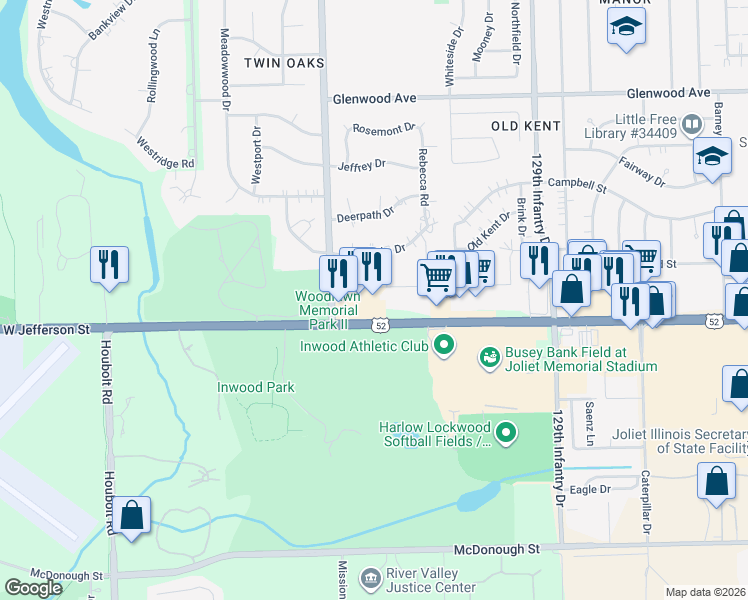 map of restaurants, bars, coffee shops, grocery stores, and more near 3101 West Jefferson Street in Joliet