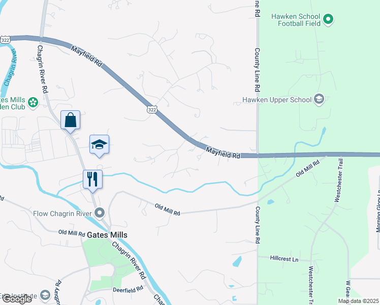 map of restaurants, bars, coffee shops, grocery stores, and more near 7850 Mayfield Road in Gates Mills