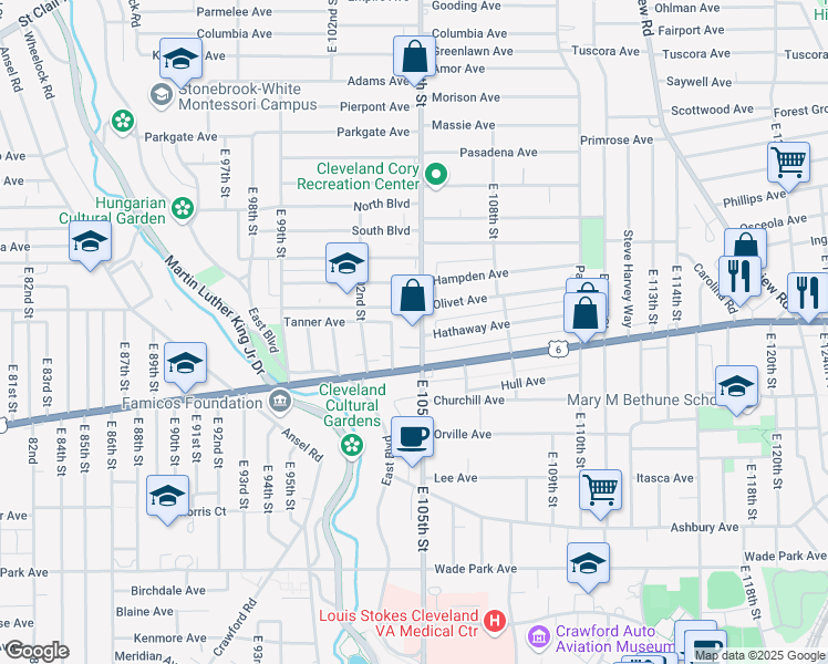 map of restaurants, bars, coffee shops, grocery stores, and more near 1250 East 105th Street in Cleveland