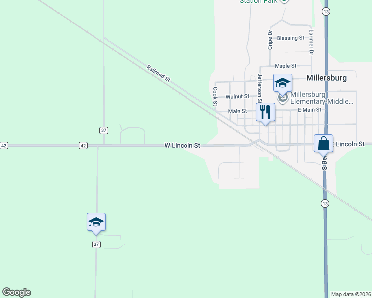 map of restaurants, bars, coffee shops, grocery stores, and more near 12620 County Road 42 in Millersburg