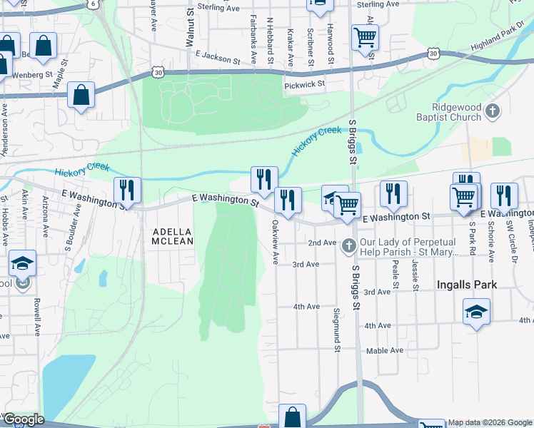 map of restaurants, bars, coffee shops, grocery stores, and more near 1320 East Washington Street in Joliet