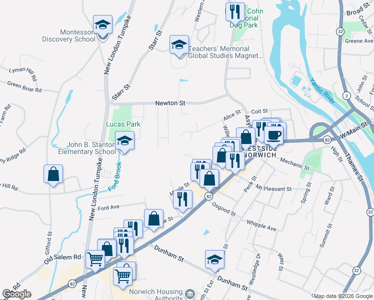 map of restaurants, bars, coffee shops, grocery stores, and more near 84 Alice Street Extension in Norwich