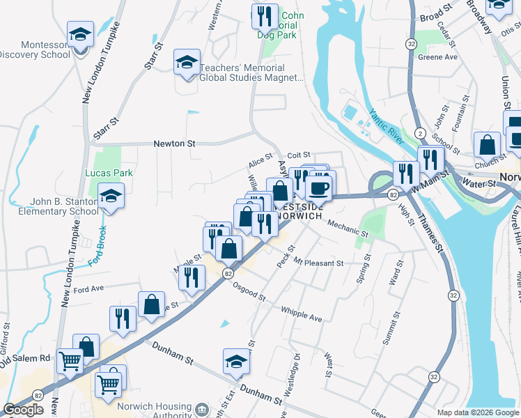 map of restaurants, bars, coffee shops, grocery stores, and more near 71 Maple Street in Norwich