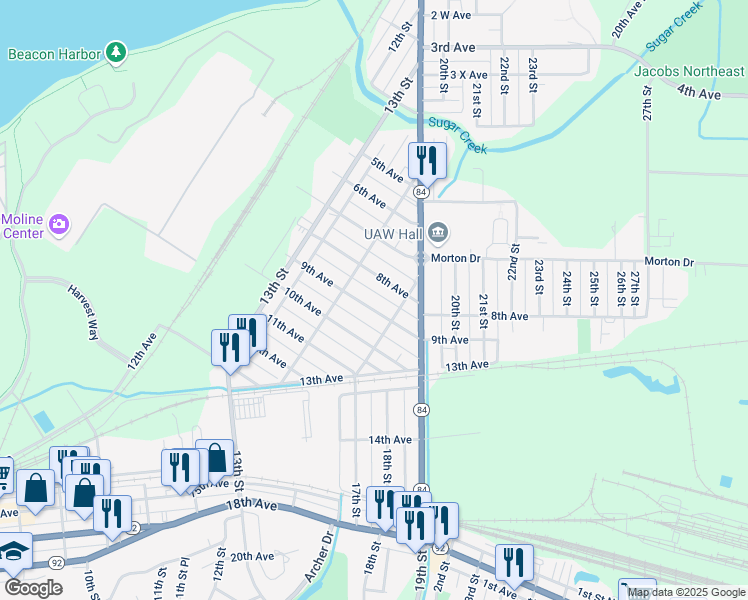 map of restaurants, bars, coffee shops, grocery stores, and more near 1537 9th Avenue in East Moline