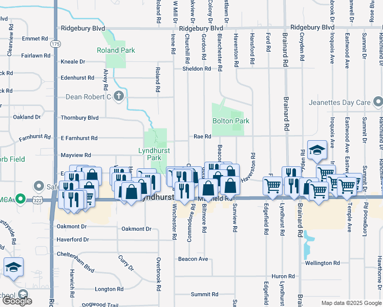 map of restaurants, bars, coffee shops, grocery stores, and more near 1367 Churchill Road in Lyndhurst