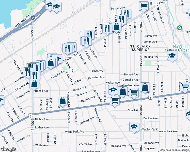 map of restaurants, bars, coffee shops, grocery stores, and more near 6603 Schaefer Avenue in Cleveland