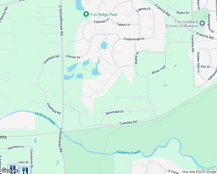 map of restaurants, bars, coffee shops, grocery stores, and more near 20117 Alison Trail in Mokena